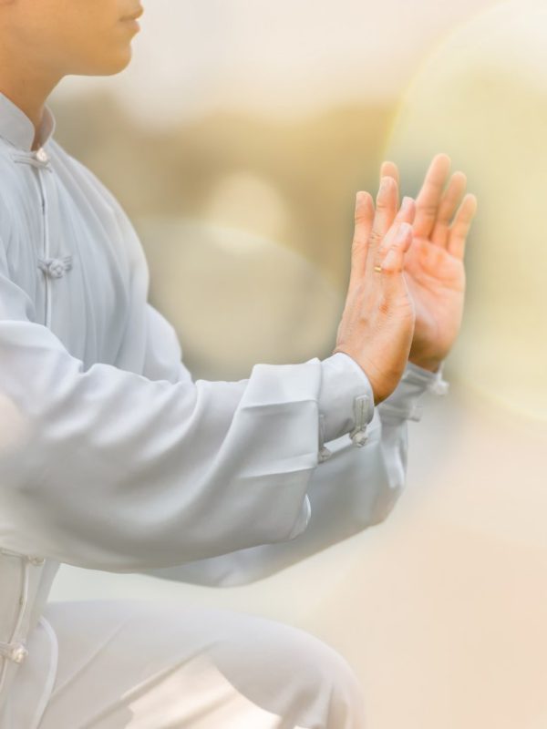 Young man practicing traditional Tai Chi Chuan, Tai Ji and Qi gong in the park for healthy, traditional chinese martial arts concept.